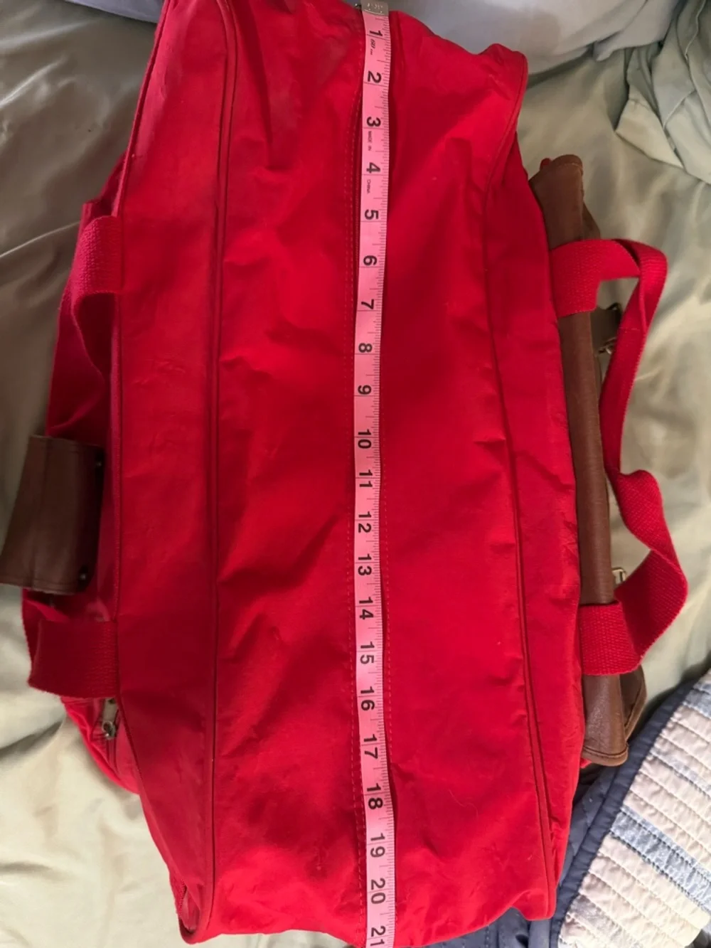Marlboro Red Canvas Duffel Bag with Brown Leather Flap